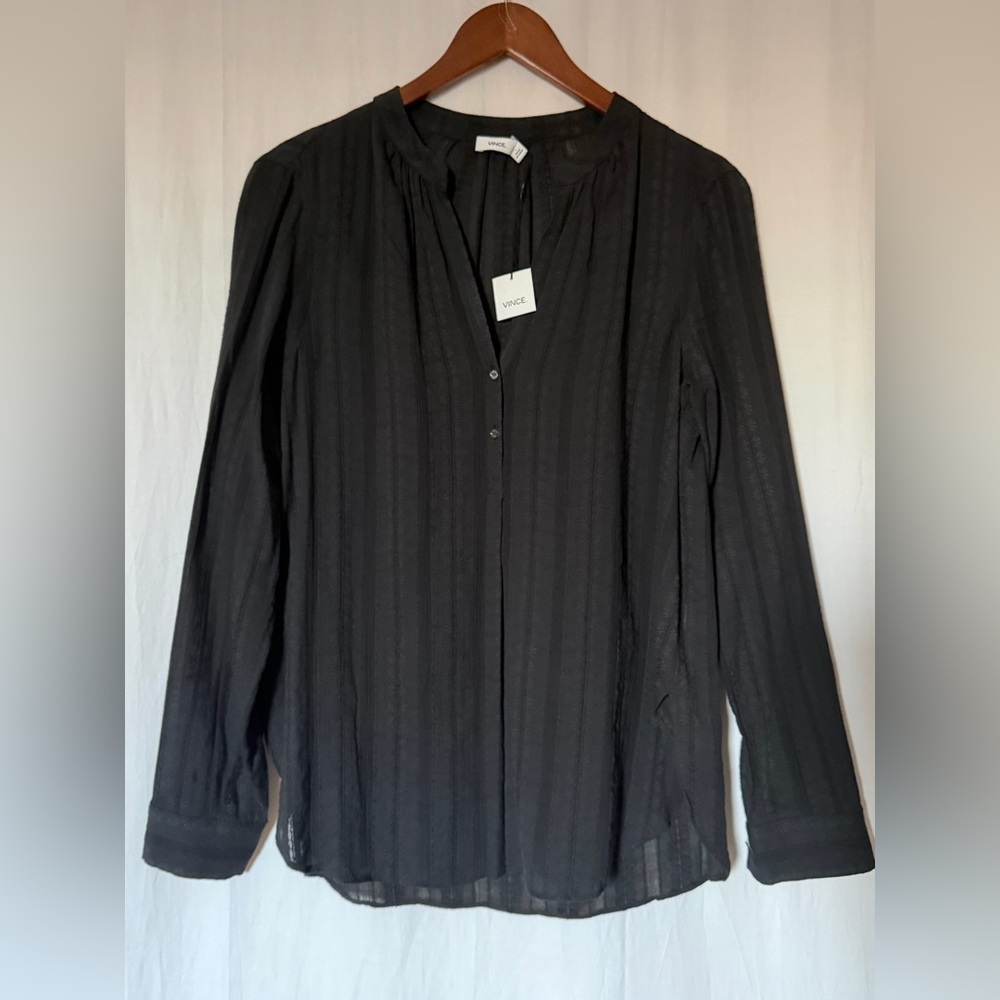 NWT Vince Semi Sheer Textured Long Sleeves Button Neck Tunic Top - Black - Sz 6